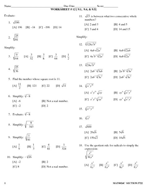 simplifying radicals with variables worksheet multiple choice